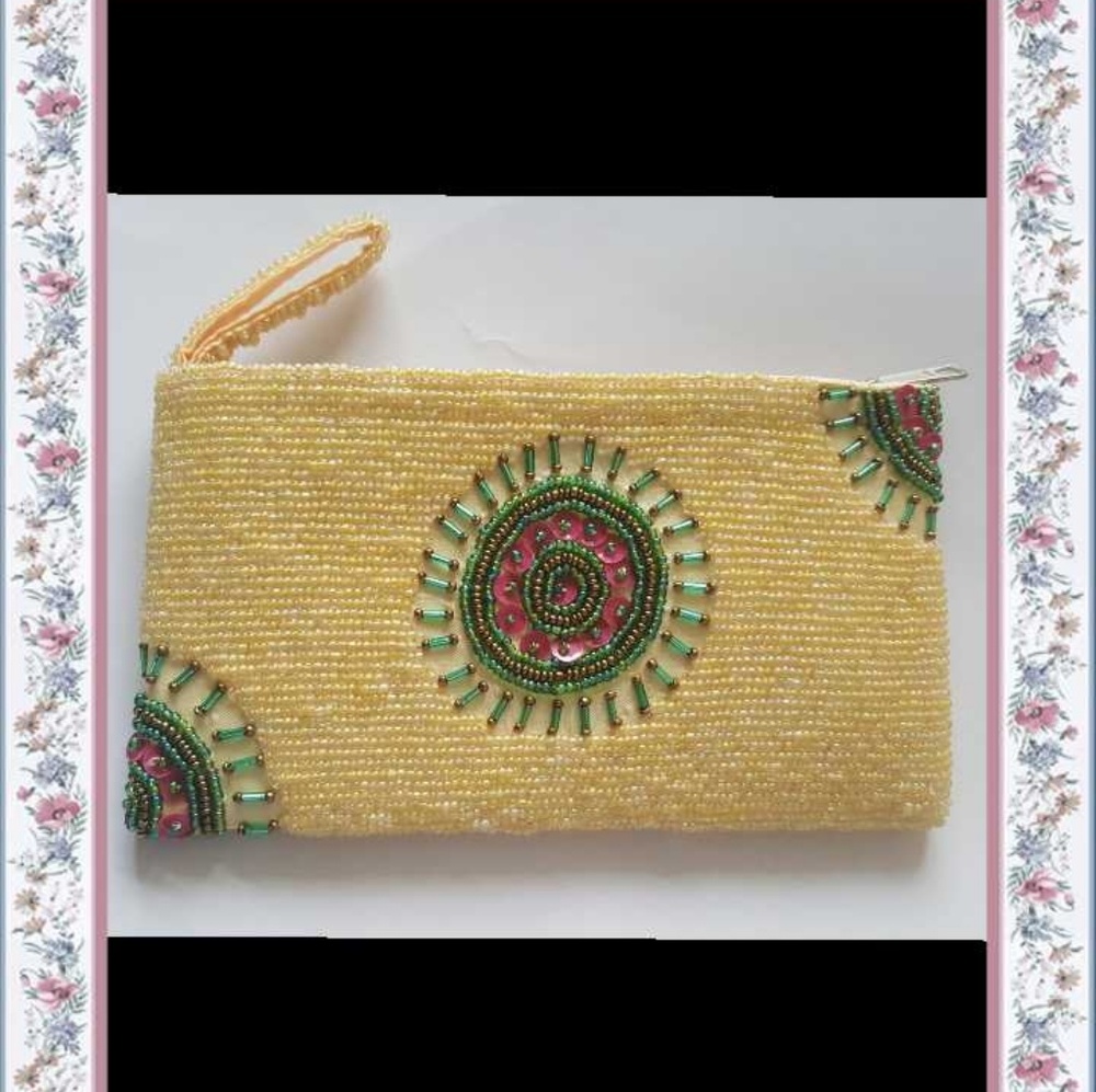 Gipsy Hippy floral Yellow Beaded Cosmetic bag case - Picture 2 of 3